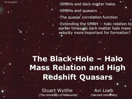 The Black-Hole – Halo Mass Relation and High Redshift Quasars Stuart Wyithe Avi Loeb (The University of Melbourne) (Harvard University) Fan et al. (2001)