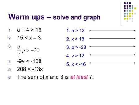 Warm ups – solve and graph 1. a + 4 > 16 2. 15 < x – 3 3.. 4. -9v < -108 5. 208 < -13x 6. The sum of x and 3 is at least 7. 1.a > 12 2.x > 18 3.p > -28.