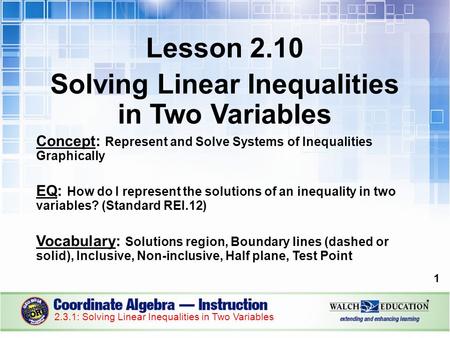 Lesson 2.10 Solving Linear Inequalities in Two Variables Concept: Represent and Solve Systems of Inequalities Graphically EQ: How do I represent the solutions.