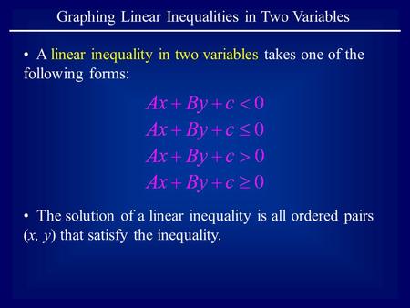 Graphing Linear Inequalities in Two Variables A linear inequality in two variables takes one of the following forms: The solution of a linear inequality.