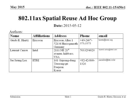 Submission doc.: IEEE 802.11-15/650r1 May 2015 Guido R. Hiertz, Ericsson et al.Slide 1 802.11ax Spatial Reuse Ad Hoc Group Date: 2015-05-12 Authors: