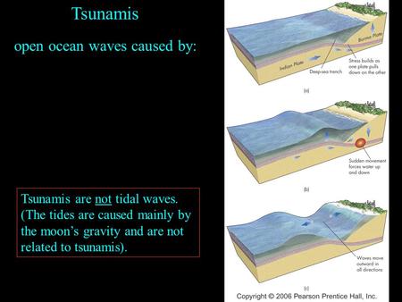 Tsunamis open ocean waves caused by: Tsunamis are not tidal waves. (The tides are caused mainly by the moon’s gravity and are not related to tsunamis).