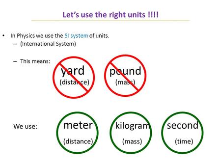 Let’s use the right units !!!! In Physics we use the SI system of units. – (International System) – This means: yard pound (distance) (mass) We use: meter.
