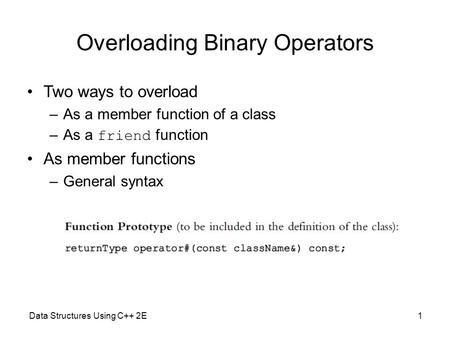 Overloading Binary Operators Two ways to overload –As a member function of a class –As a friend function As member functions –General syntax Data Structures.