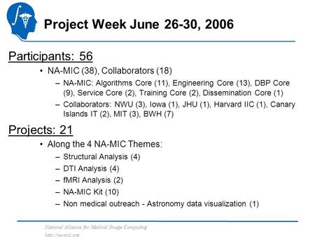 National Alliance for Medical Image Computing  Project Week June 26-30, 2006 Participants: 56 NA-MIC (38), Collaborators (18) –NA-MIC: