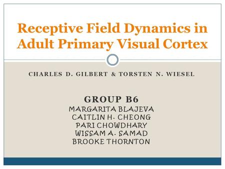 CHARLES D. GILBERT & TORSTEN N. WIESEL GROUP B6 MARGARITA BLAJEVA CAITLIN H. CHEONG PARI CHOWDHARY WISSAM A. SAMAD BROOKE THORNTON Receptive Field Dynamics.