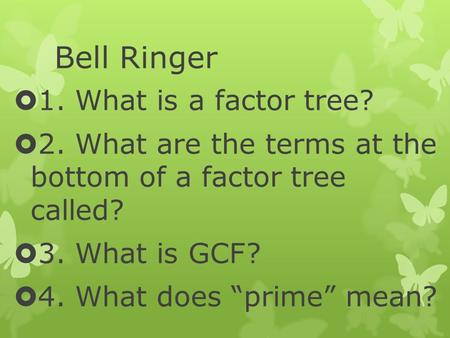 Bell Ringer  1. What is a factor tree?  2. What are the terms at the bottom of a factor tree called?  3. What is GCF?  4. What does “prime” mean?