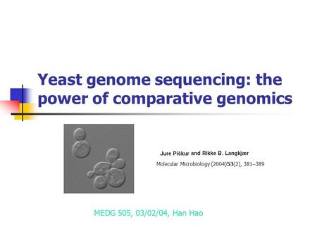Yeast genome sequencing: the power of comparative genomics MEDG 505, 03/02/04, Han Hao Molecular Microbiology (2004)53(2), 381 – 389.