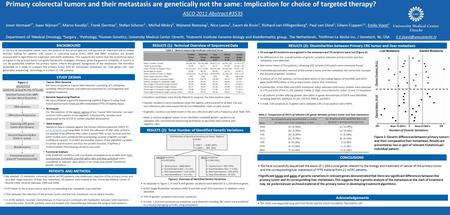 Primary colorectal tumors and their metastasis are genetically not the same: Implication for choice of targeted therapy? ASCO 2011 Abstract #3535 Joost.