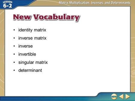 Vocabulary identity matrix inverse matrix inverse invertible singular matrix determinant.