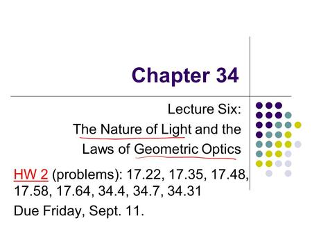 Lecture Six: The Nature of Light and the Laws of Geometric Optics