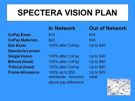 SPECTERA VISION PLAN In NetworkOut of Network CoPay Exam$10N/A CoPay Materials$20N/A Eye Exam100% after CoPayUp to $40 Spectacle Lenses Single Vision100%