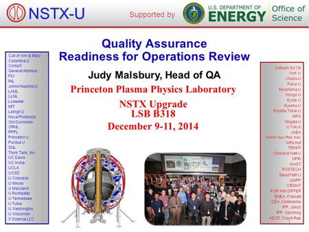 Quality Assurance Readiness for Operations Review Judy Malsbury, Head of QA Princeton Plasma Physics Laboratory NSTX Upgrade LSB B318 December 9-11, 2014.