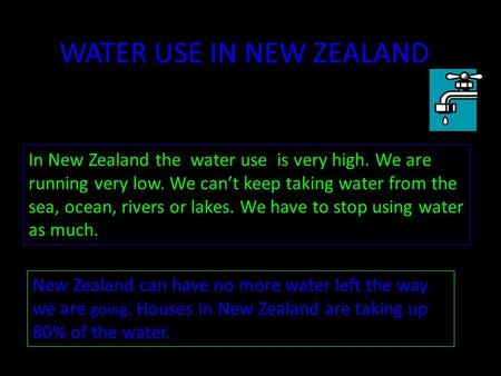 WATER USE IN NEW ZEALAND In New Zealand the water use is very high. We are running very low. We can’t keep taking water from the sea, ocean, rivers or.