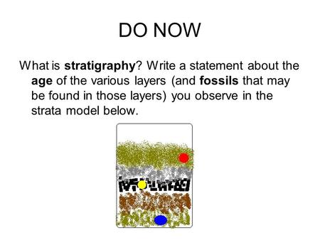 DO NOW What is stratigraphy? Write a statement about the age of the various layers (and fossils that may be found in those layers) you observe in the strata.