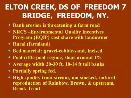 ELTON CREEK, DS OF FREEDOM 7 BRIDGE, FREEDOM, NY.  Bank erosion is threatening a farm road  NRCS –Environmental Quality Incentives Program {EQIP} cost.