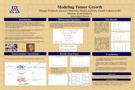 Modeling Tumor Growth Meggie Erickson, Gustavo Miranda, Wesley Jackson, Daniel Lukaszewski Mentor: Scott Hottovy University of Arizona Introduction Tumor-immune.