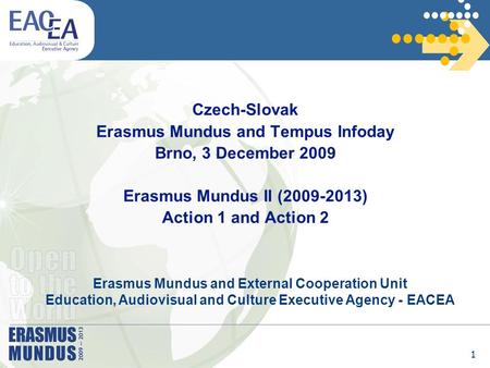 1 Czech-Slovak Erasmus Mundus and Tempus Infoday Brno, 3 December 2009 Erasmus Mundus II (2009-2013) Action 1 and Action 2 Erasmus Mundus and External.