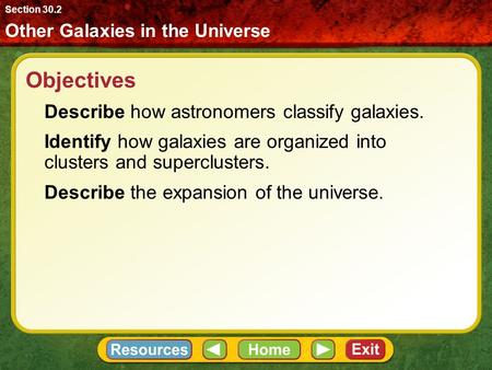 Objectives Describe how astronomers classify galaxies.