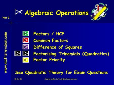Nat 5 Algebraic Operations 16-Oct-15Created by Mr. Difference of Squares Factors / HCF Common Factors.