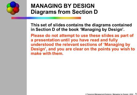 © Tesseract Management Systems / Managing by Design / 2002 - 1 MANAGING BY DESIGN Diagrams from Section D This set of slides contains the diagrams contained.