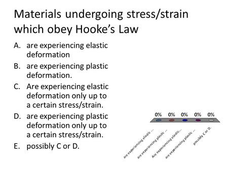 Materials undergoing stress/strain which obey Hooke’s Law A.are experiencing elastic deformation B.are experiencing plastic deformation. C.Are experiencing.