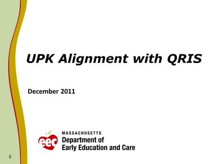 0 UPK Alignment with QRIS December 2011. Outline of Presentation 1. Review of UPK policy objectives implemented in FY11/FY12 to begin/continue alignment.