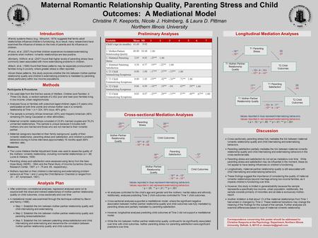 Maternal Romantic Relationship Quality, Parenting Stress and Child Outcomes: A Mediational Model Christine R. Keeports, Nicole J. Holmberg, & Laura D.