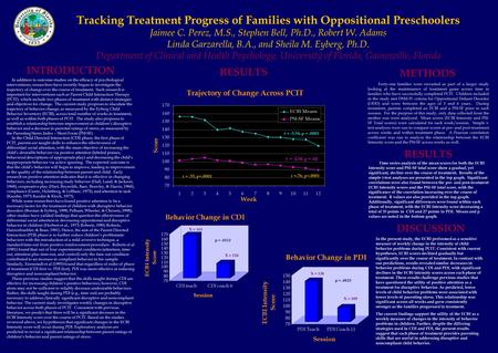 Tracking Treatment Progress of Families with Oppositional Preschoolers Jaimee C. Perez, M.S., Stephen Bell, Ph.D., Robert W. Adams Linda Garzarella, B.A.,