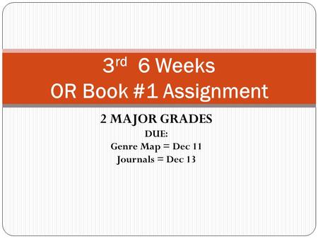 2 MAJOR GRADES DUE: Genre Map = Dec 11 Journals = Dec 13 3 rd 6 Weeks OR Book #1 Assignment.
