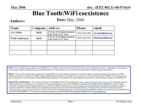Doc.: IEEE 802.11-06/0741r0 Submission May 2006 Avi Gabay, IntelSlide 1 Blue Tooth\WiFi coexistence Notice: This document has been prepared to assist IEEE.