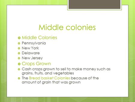 Middle colonies  Middle Colonies  Pennsylvania  New York  Delaware  New Jersey  Crops Grown  Cash crops grown to sell to make money such as grains,