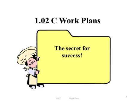 1.02 C Work Plans 1 The secret for success!. Why use a work plan? Helps meal preparation run smoothly Implement these steps: 1.02CWork Plans2 Steps 1-