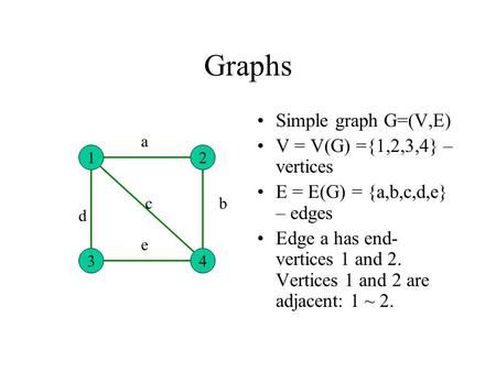 Graphs Simple graph G=(V,E) V = V(G) ={1,2,3,4} – vertices E = E(G) = {a,b,c,d,e} – edges Edge a has end- vertices 1 and 2. Vertices 1 and 2 are adjacent:
