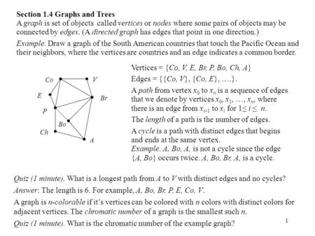 1 Section 1.4 Graphs and Trees A graph is set of objects called vertices or nodes where some pairs of objects may be connected by edges. (A directed graph.