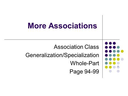 Association Class Generalization/Specialization Whole-Part Page 94-99 More Associations 1.