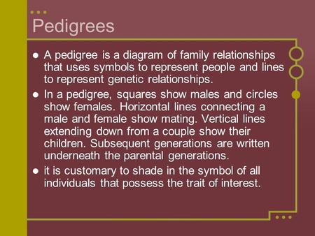 Pedigrees A pedigree is a diagram of family relationships that uses symbols to represent people and lines to represent genetic relationships. In a pedigree,