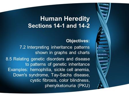 Human Heredity Sections 14-1 and 14-2 Objectives: 7.2 Interpreting inheritance patterns shown in graphs and charts 8.5 Relating genetic disorders and disease.