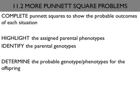 11.2 MORE PUNNETT SQUARE PROBLEMS COMPLETE punnett squares to show the probable outcomes of each situation HIGHLIGHT the assigned parental phenotypes IDENTIFY.