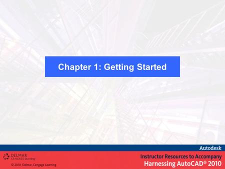 Chapter 1: Getting Started. Start AutoCAD Identify the various parts on the screen Use various methods of command and data inputUse various methods of.