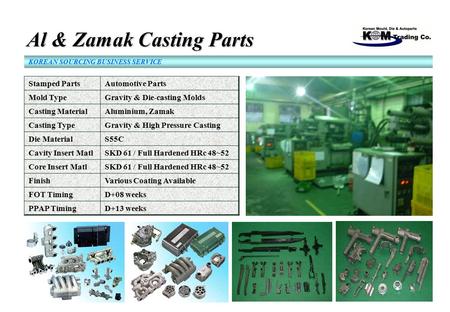 Al & Zamak Casting Parts Al & Zamak Casting Parts KOREAN SOURCING BUSINESS SERVICE Stamped PartsAutomotive Parts Mold TypeGravity & Die-casting Molds Casting.