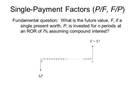 Single-Payment Factors (P/F, F/P) Fundamental question: What is the future value, F, if a single present worth, P, is invested for n periods at an ROR.