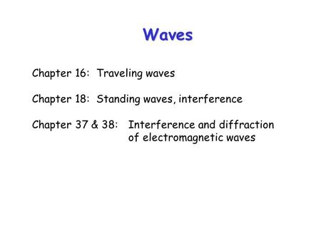 Waves Chapter 16:Traveling waves Chapter 18:Standing waves, interference Chapter 37 & 38:Interference and diffraction of electromagnetic waves.
