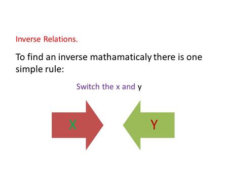 Inverse Relations. To find an inverse mathamaticaly there is one simple rule: Switch the x and y XY.