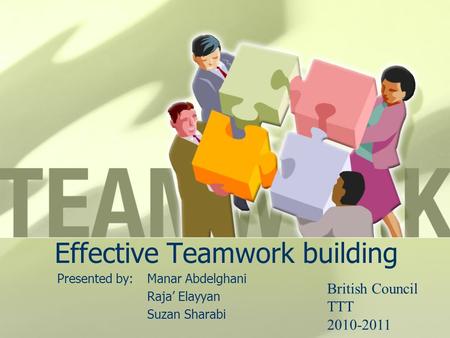Effective Teamwork building Presented by:Manar Abdelghani Raja’ Elayyan Suzan Sharabi British Council TTT 2010-2011.