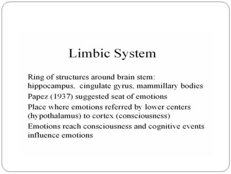 Anatomical Components of Limbic system Olfactory Pathway Amygdaloid complex Hippocampal formation Limbic lobe Septal nuclei Hypothalamus Mammillary bodies.