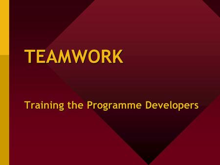 TEAMWORK Training the Programme Developers. Teamwork: why do we need it? Responsibility, potential and delegation Your optimal potential Resposibility.
