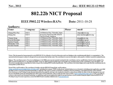 Doc.: IEEE 802.22-12/90r0 Submission Nov., 2012 NICTSlide 1 802.22b NICT Proposal IEEE P802.22 Wireless RANs Date: 2011-10-28 Authors: Notice: This document.