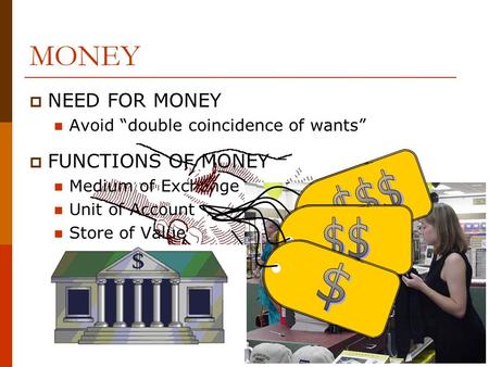 MONEY  NEED FOR MONEY Avoid “double coincidence of wants”  FUNCTIONS OF MONEY Medium of Exchange Unit of Account Store of Value.