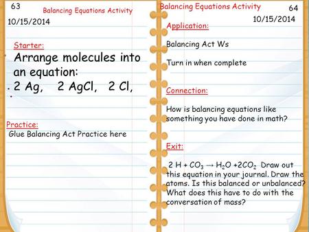 9/26/11 64 Balancing Equations Activity 10/15/2014 63 Balancing Equations Activity 10/15/2014 Starter: Arrange molecules into an equation: 2 Ag, 2 AgCl,